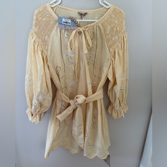 NWT! Innika Choo Yellow Gingham Cutwork Mini Smock dress - Picture 5 of 12